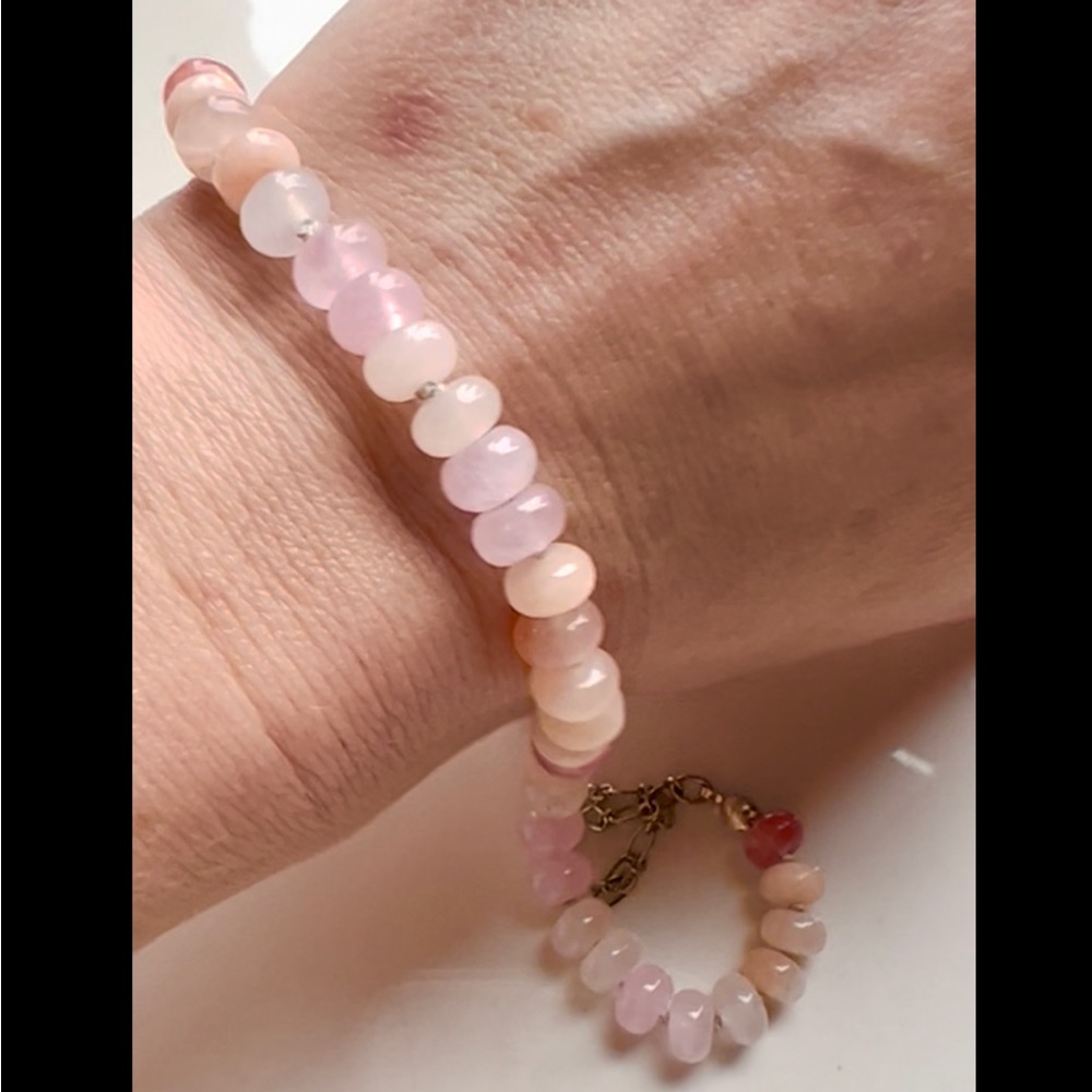 Gemstone Bracelet ~ Hand knotted Silk ~ peach pink gold~ opal aventurine quartz
